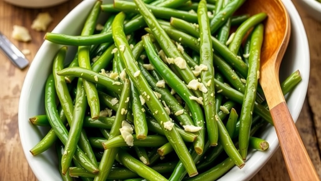 Sautéed Garlic Green Beans Recipe A plate of sautéed Garlic Green Beans, garnished with minced garlic, on a rustic table.